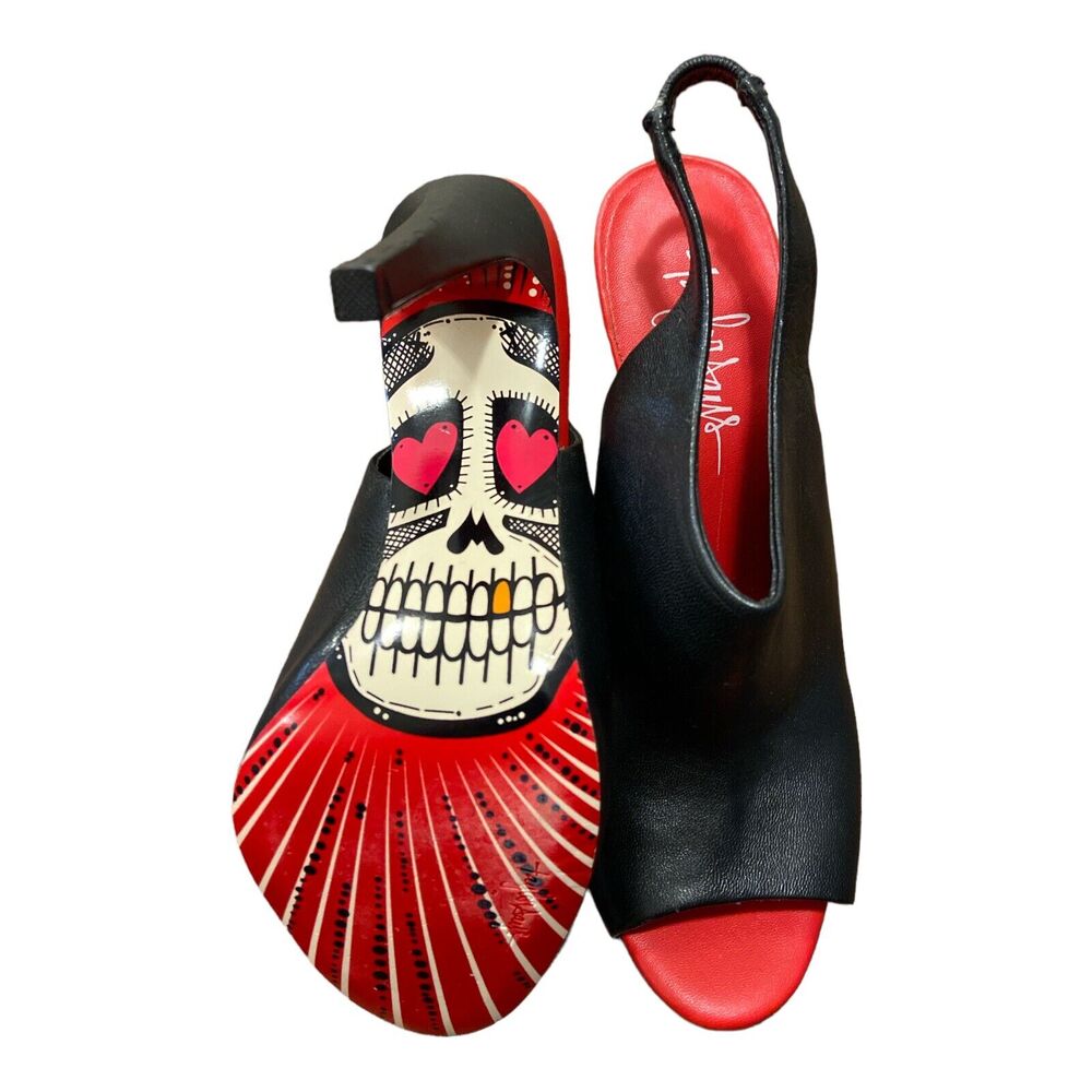 Taylor Says Black‎ Paige Size 7.5M Slingback Skull Graphic Peep Toe Heels